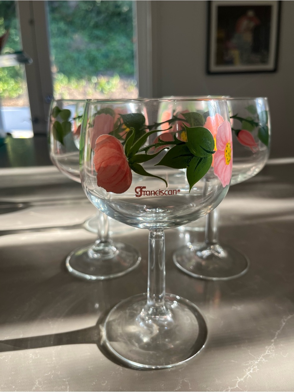 Franciscan Pink Floral 6.5” Wine Goblet with Green Leaves set of 7